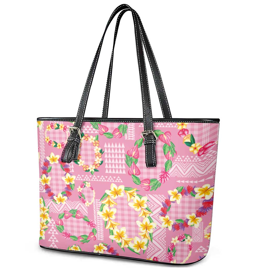 Hawaiian Leis Leather Tote Bag Kakau Tattoos and Palaka Pastel Pink Color LT03 - Polynesian Pride