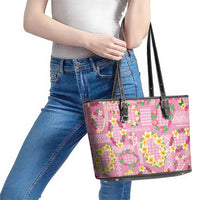 Hawaiian Leis Leather Tote Bag Kakau Tattoos and Palaka Pastel Pink Color LT03 - Polynesian Pride