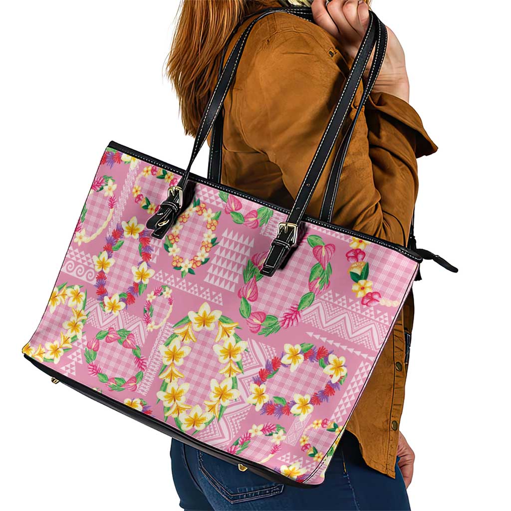 Hawaiian Leis Leather Tote Bag Kakau Tattoos and Palaka Pastel Pink Color LT03 - Polynesian Pride