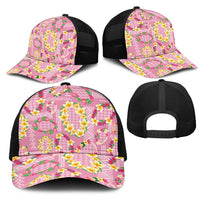 Hawaiian Leis Mesh Trucker Cap Kakau Tattoos and Palaka Pastel Pink Color
