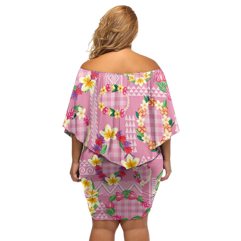 Hawaiian Leis Off Shoulder Short Dress Kakau Tattoos and Palaka Pastel Pink Color LT03 - Polynesian Pride