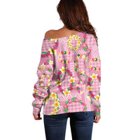 Hawaiian Leis Off Shoulder Sweater Kakau Tattoos and Palaka Pastel Pink Color LT03 - Polynesian Pride