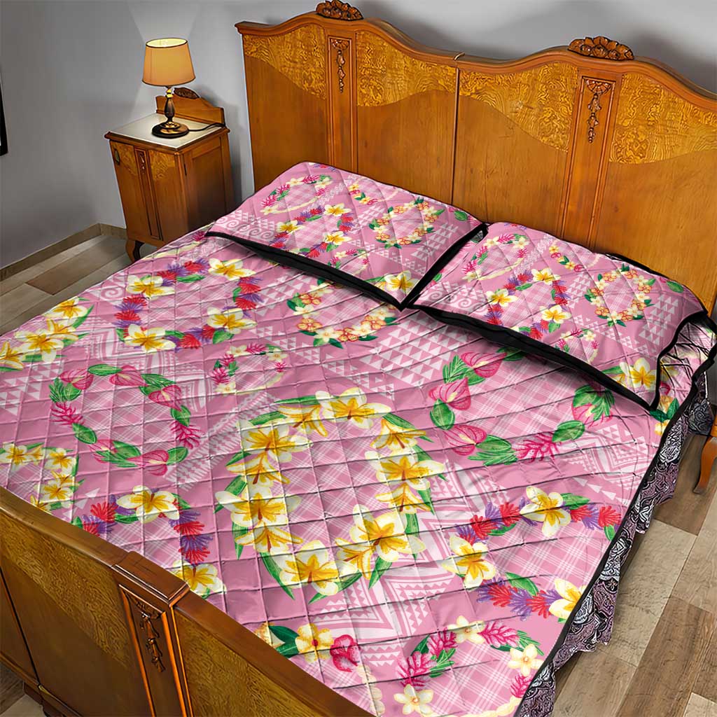 Hawaiian Leis Quilt Bed Set Kakau Tattoos and Palaka Pastel Pink Color LT03 - Polynesian Pride