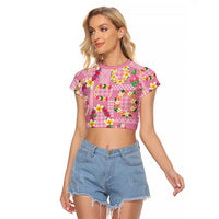 Hawaiian Leis Raglan Cropped T Shirt Kakau Tattoos and Palaka Pastel Pink Color LT03 Female Pink - Polynesian Pride