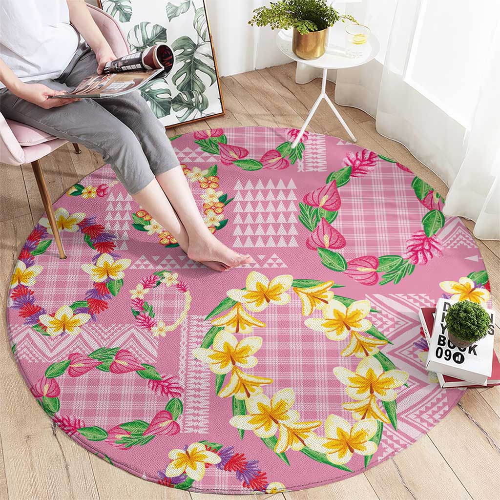 Hawaiian Leis Round Carpet Kakau Tattoos and Palaka Pastel Pink Color LT03 - Polynesian Pride