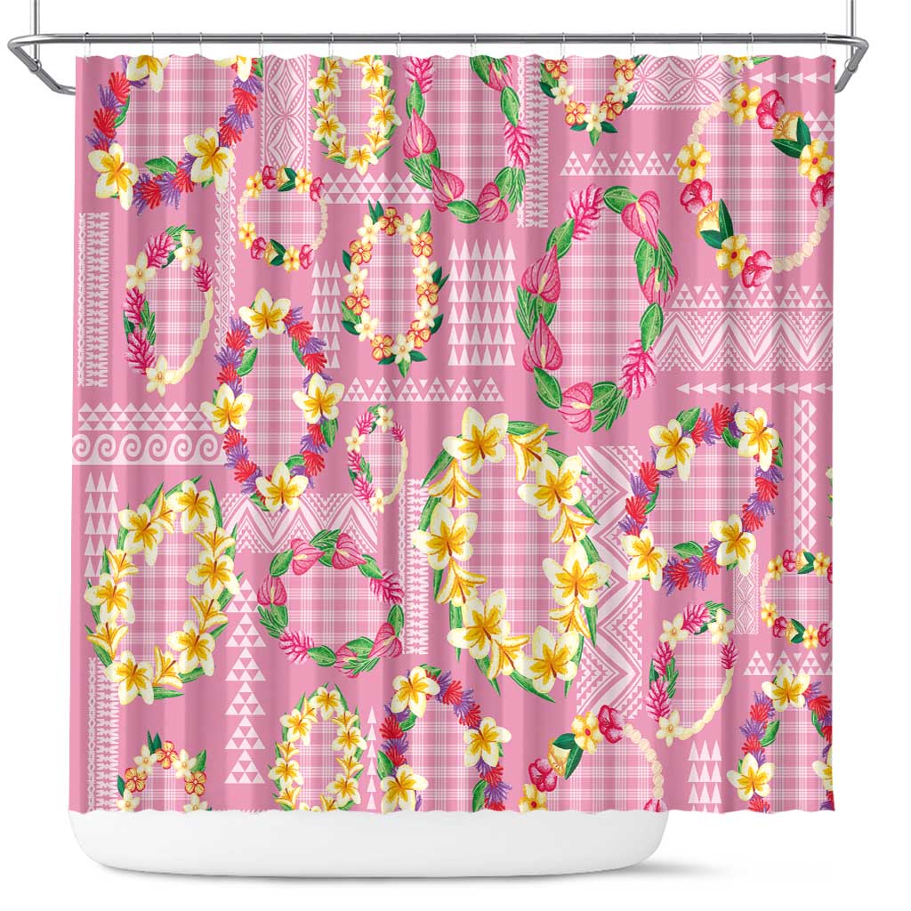 Hawaiian Leis Shower Curtain Kakau Tattoos and Palaka Pastel Pink Color LT03 Pink - Polynesian Pride