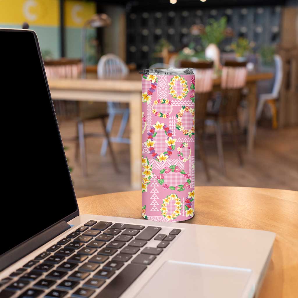 Hawaiian Leis Skinny Tumbler Kakau Tattoos and Palaka Pastel Pink Color
