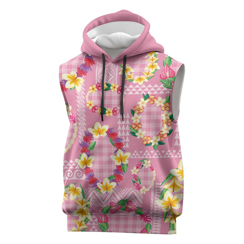 Hawaiian Leis Sleeveless Hoodie Kakau Tattoos and Palaka Pastel Pink Color LT03 Pink - Polynesian Pride