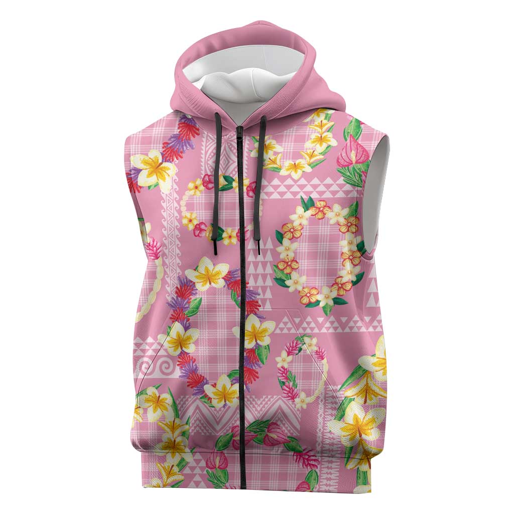 Hawaiian Leis Sleeveless Zip Hoodie Kakau Tattoos and Palaka Pastel Pink Color LT03 Pink - Polynesian Pride