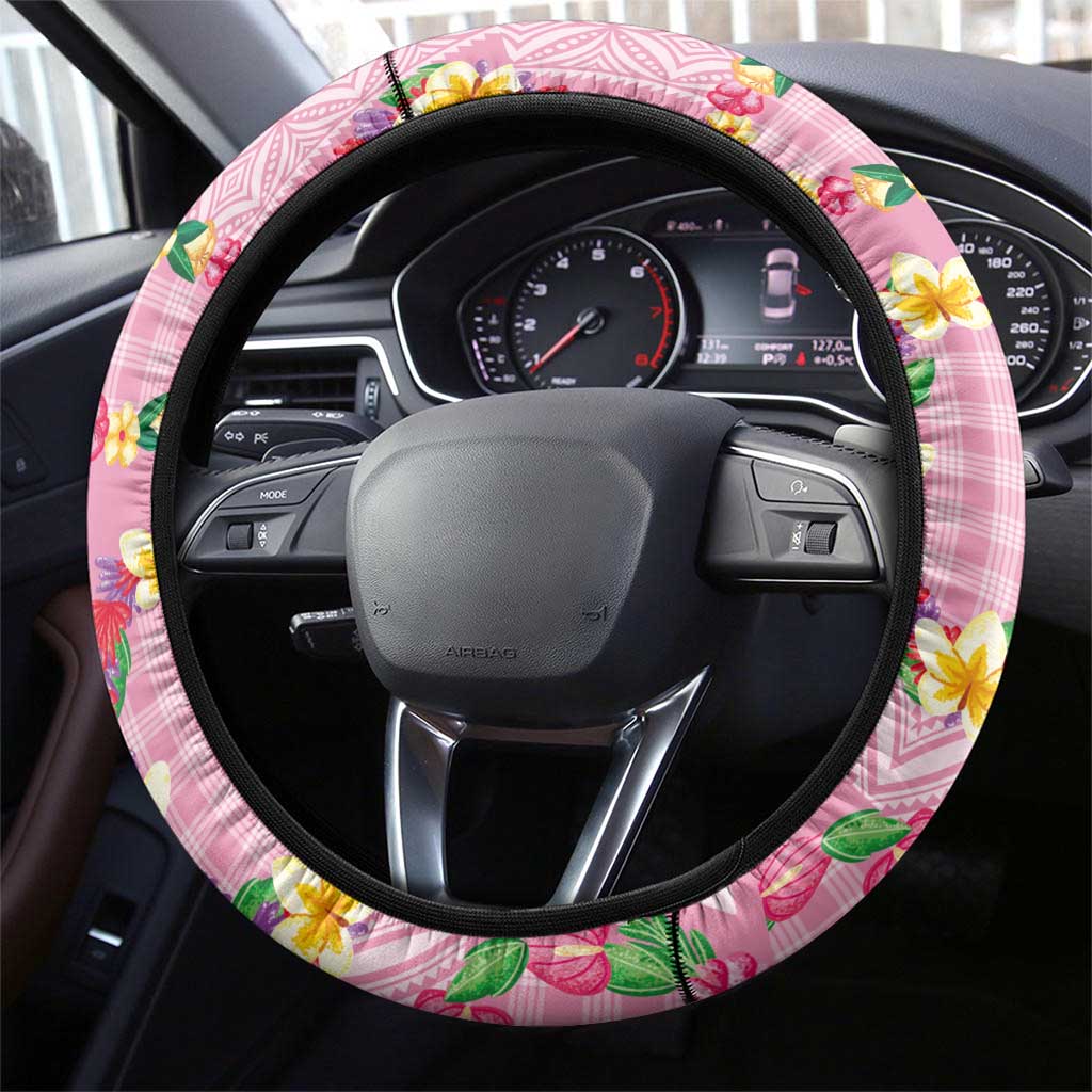 Hawaiian Leis Steering Wheel Cover Kakau Tattoos and Palaka Pastel Pink Color LT03 - Polynesian Pride