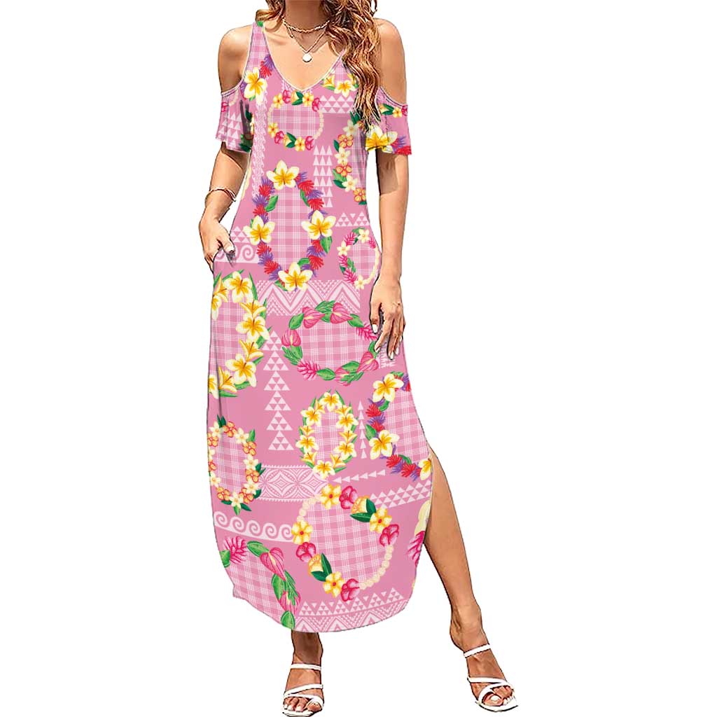 Hawaiian Leis Summer Maxi Dress Kakau Tattoos and Palaka Pastel Pink Color LT03 Women Pink - Polynesian Pride