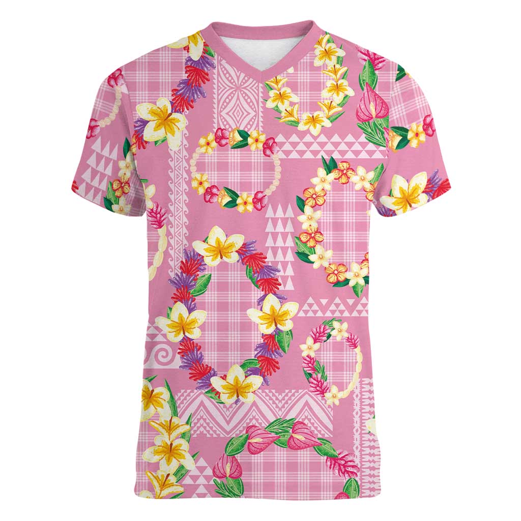 Hawaiian Leis Women V-Neck T-Shirt Kakau Tattoos and Palaka Pastel Pink Color LT03 Female Pink - Polynesian Pride