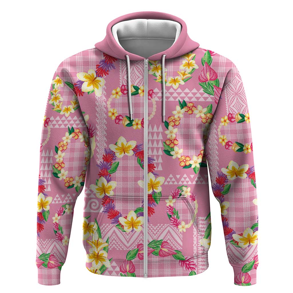 Hawaiian Leis Zip Hoodie Kakau Tattoos and Palaka Pastel Pink Color LT03 Zip Hoodie Pink - Polynesian Pride