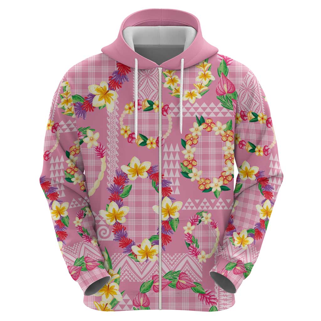 Hawaiian Leis Zip Hoodie Kakau Tattoos and Palaka Pastel Pink Color LT03 - Polynesian Pride