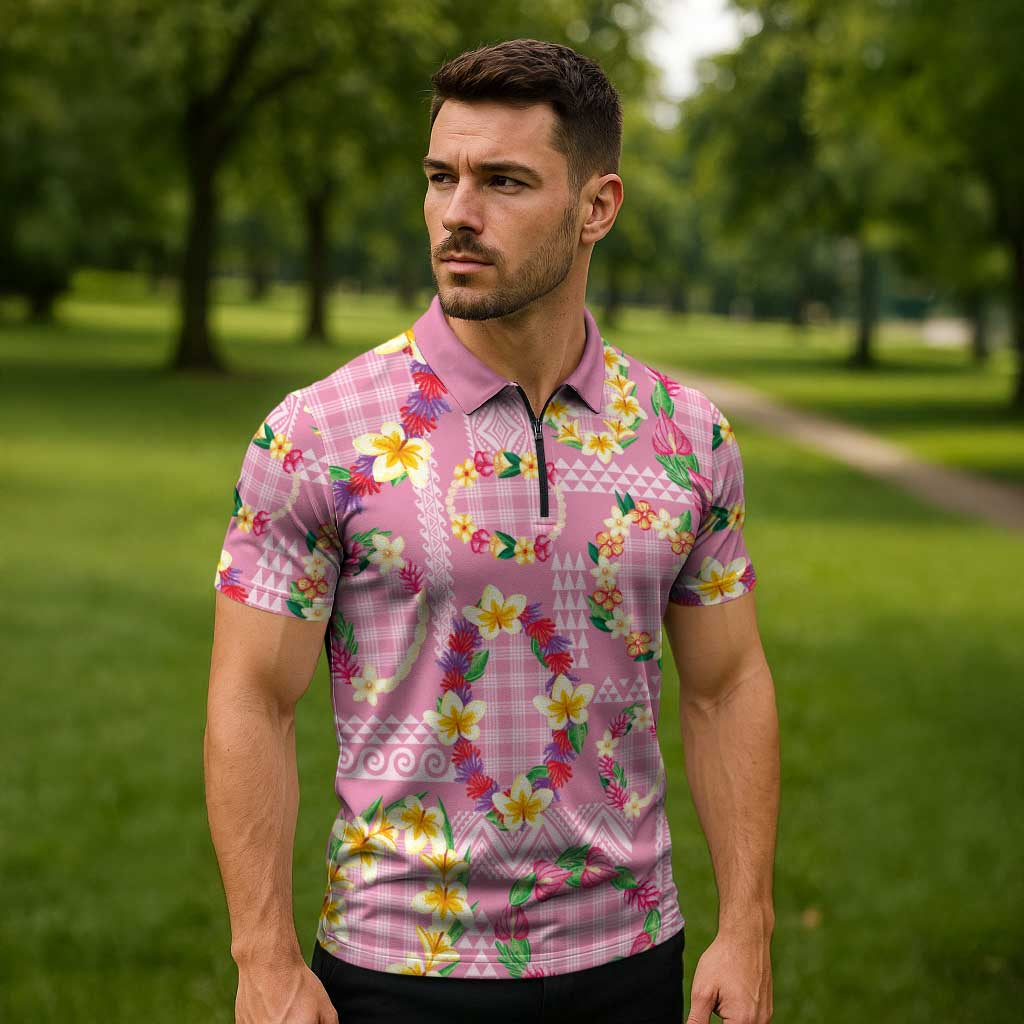Hawaiian Leis Zipper Polo Shirt Kakau Tattoos and Palaka Pastel Pink Color LT03 - Polynesian Pride