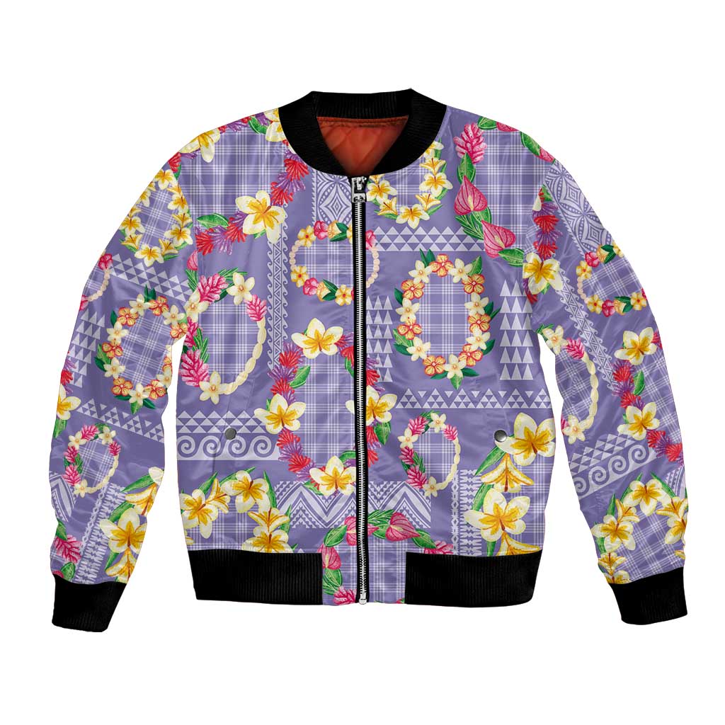 Hawaiian Leis Bomber Jacket Kakau Tattoos and Palaka Pastel Purple Color LT03 Unisex Purple - Polynesian Pride