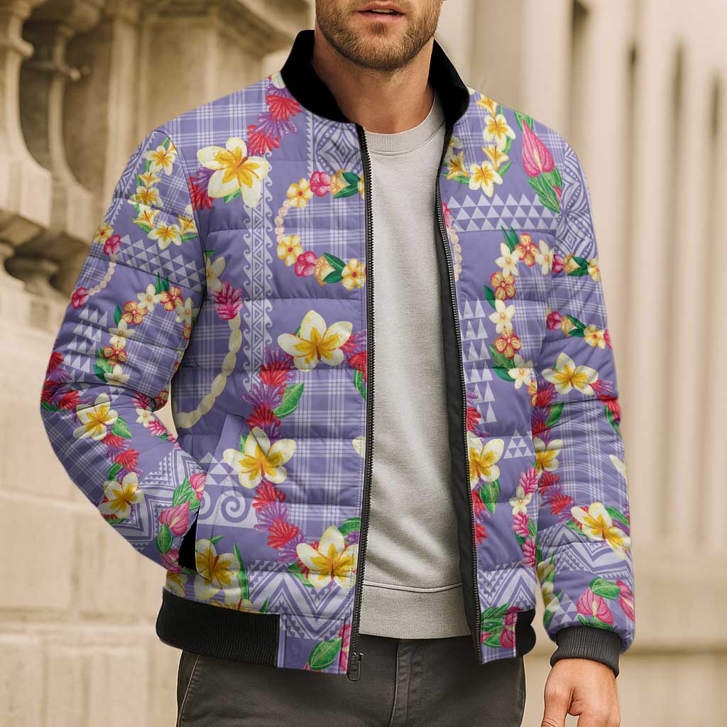 Hawaiian Leis Bomber Puffer Jacket Kakau Tattoos and Palaka Pastel Purple Color LT03 - Polynesian Pride