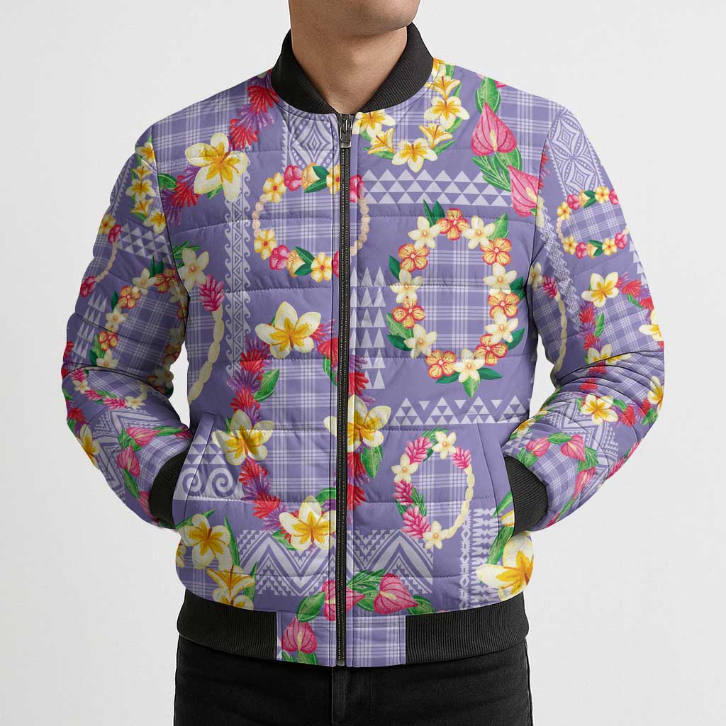 Hawaiian Leis Bomber Puffer Jacket Kakau Tattoos and Palaka Pastel Purple Color LT03 - Polynesian Pride