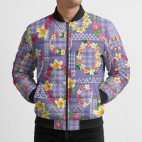 Hawaiian Leis Bomber Puffer Jacket Kakau Tattoos and Palaka Pastel Purple Color LT03 - Polynesian Pride