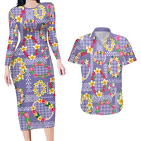 Hawaiian Leis Couples Matching Long Sleeve Bodycon Dress and Hawaiian Shirt Kakau Tattoos and Palaka Pastel Purple Color