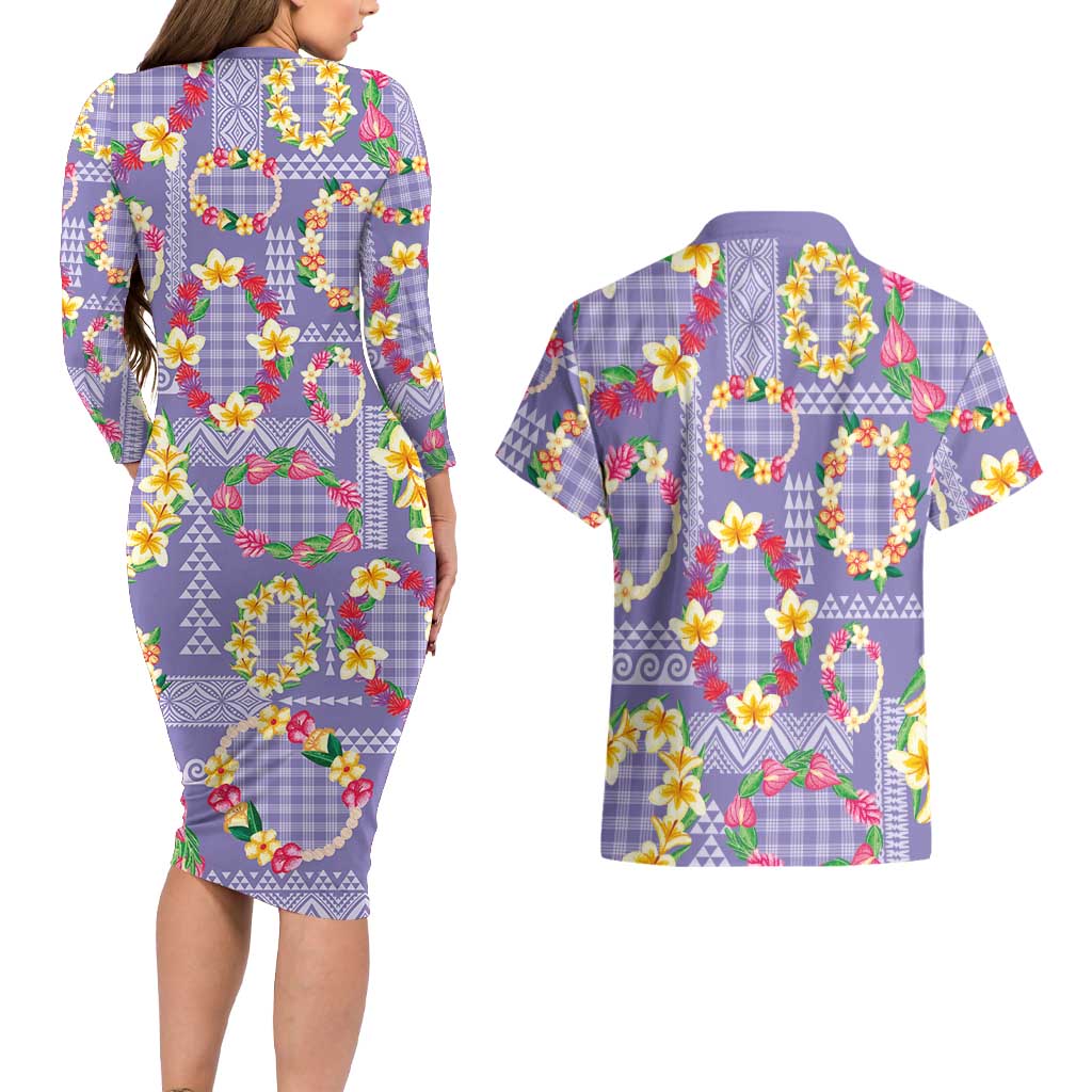 Hawaiian Leis Couples Matching Long Sleeve Bodycon Dress and Hawaiian Shirt Kakau Tattoos and Palaka Pastel Purple Color
