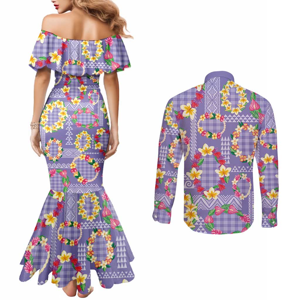 Hawaiian Leis Couples Matching Mermaid Dress and Long Sleeve Button Shirt Kakau Tattoos and Palaka Pastel Purple Color