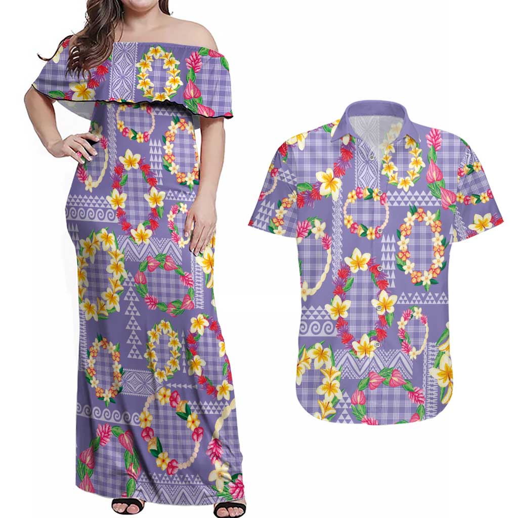 Hawaiian Leis Couples Matching Off Shoulder Maxi Dress and Hawaiian Shirt Kakau Tattoos and Palaka Pastel Purple Color