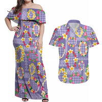 Hawaiian Leis Couples Matching Off Shoulder Maxi Dress and Hawaiian Shirt Kakau Tattoos and Palaka Pastel Purple Color