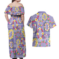 Hawaiian Leis Couples Matching Off Shoulder Maxi Dress and Hawaiian Shirt Kakau Tattoos and Palaka Pastel Purple Color