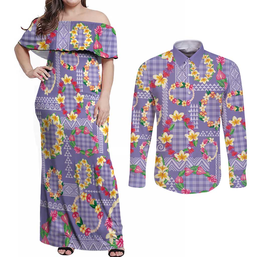 Hawaiian Leis Couples Matching Off Shoulder Maxi Dress and Long Sleeve Button Shirt Kakau Tattoos and Palaka Pastel Purple Color LT03 Purple - Polynesian Pride