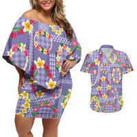 Hawaiian Leis Couples Matching Off Shoulder Short Dress and Hawaiian Shirt Kakau Tattoos and Palaka Pastel Purple Color