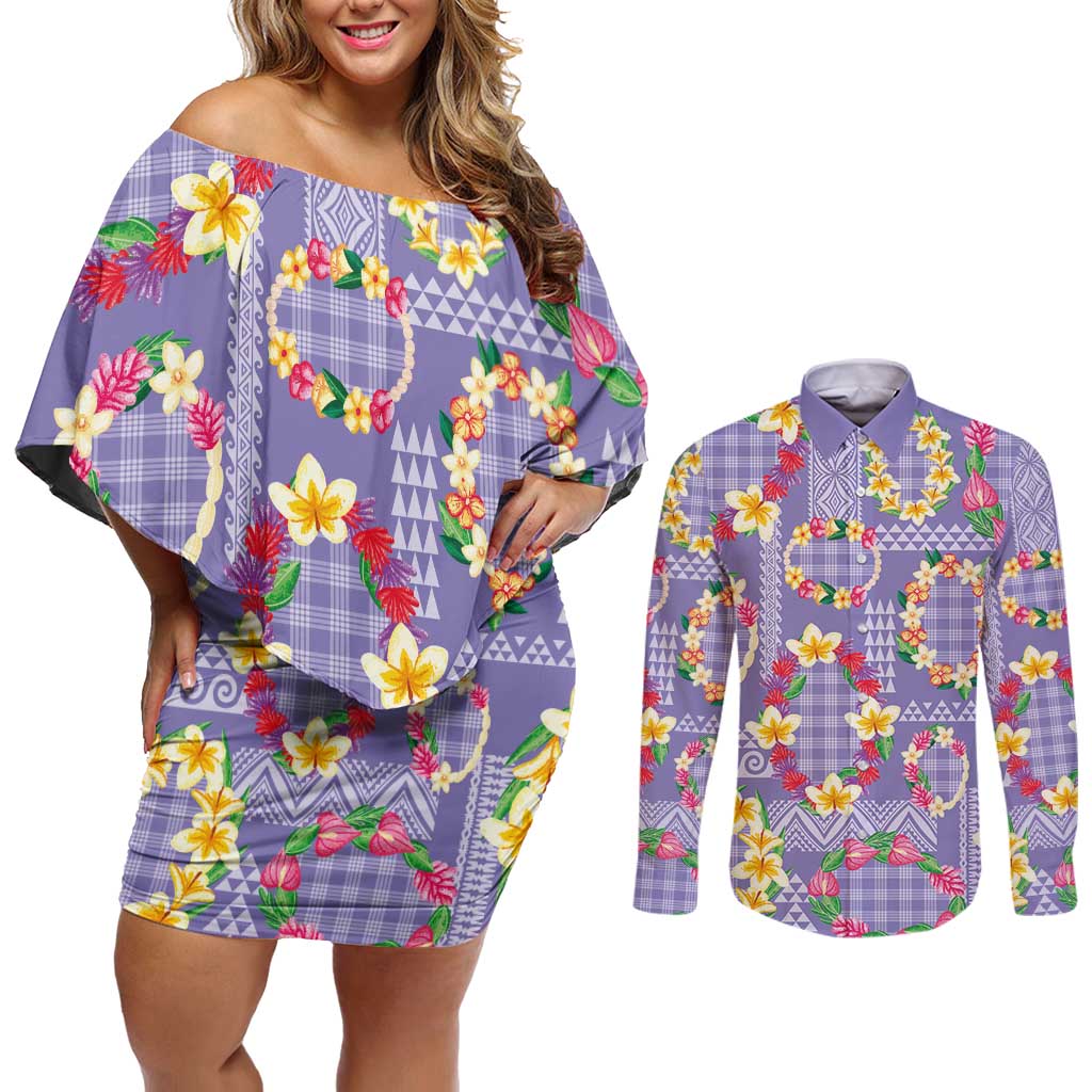 Hawaiian Leis Couples Matching Off Shoulder Short Dress and Long Sleeve Button Shirt Kakau Tattoos and Palaka Pastel Purple Color LT03 Purple - Polynesian Pride
