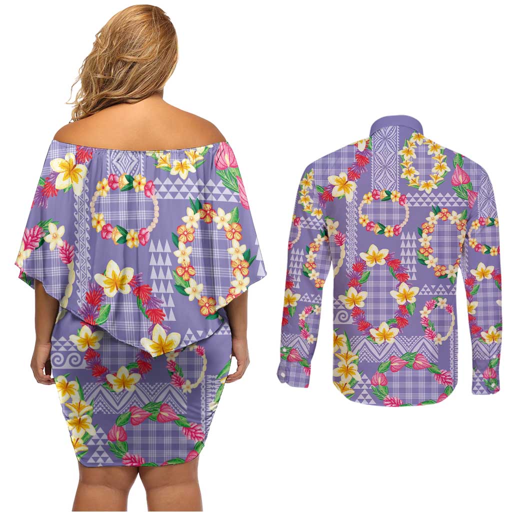 Hawaiian Leis Couples Matching Off Shoulder Short Dress and Long Sleeve Button Shirt Kakau Tattoos and Palaka Pastel Purple Color