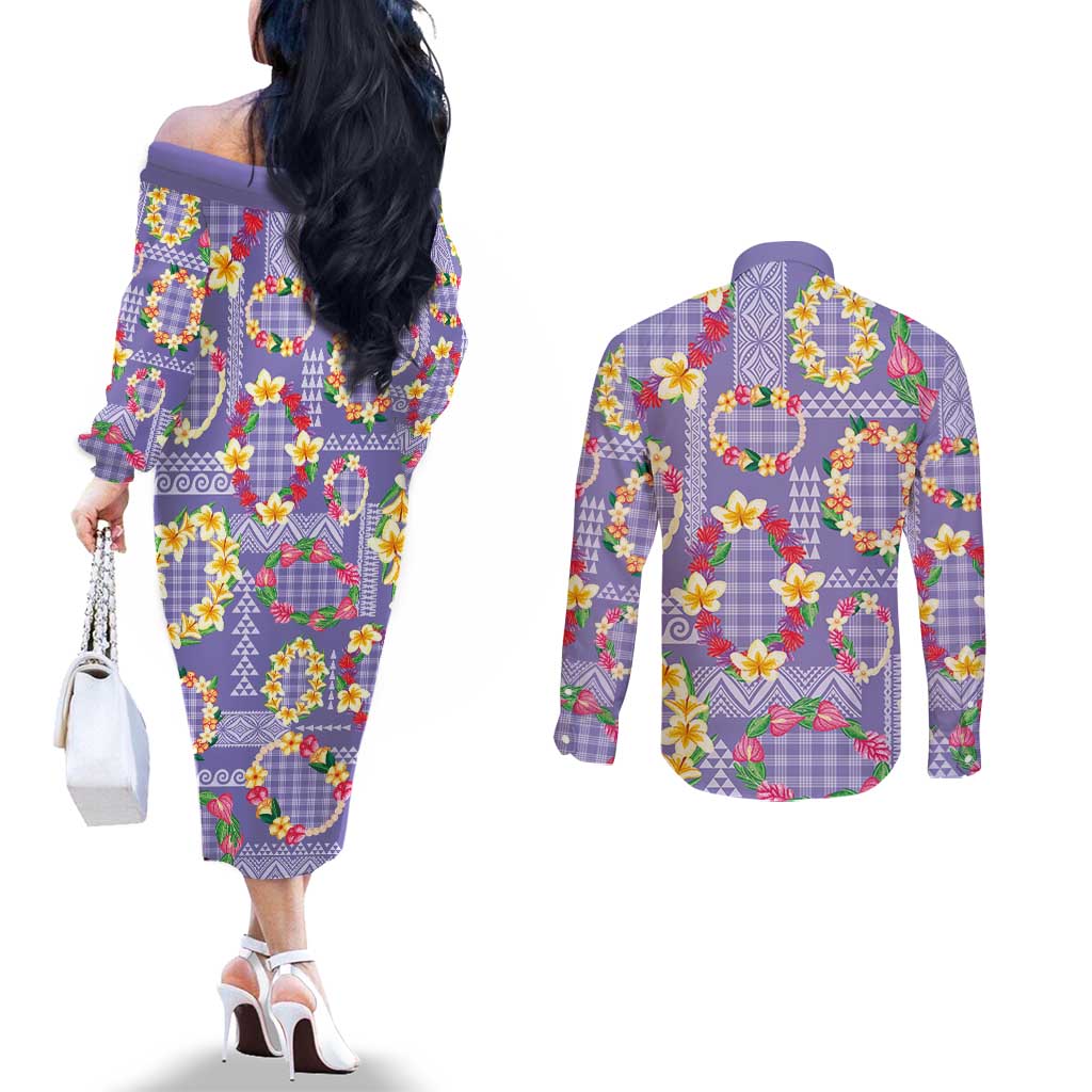 Hawaiian Leis Couples Matching Off The Shoulder Long Sleeve Dress and Long Sleeve Button Shirt Kakau Tattoos and Palaka Pastel Purple Color