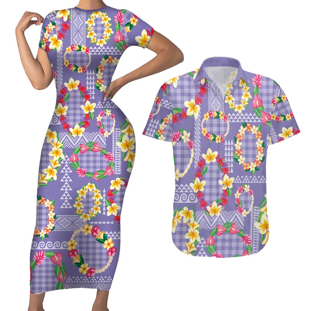 Hawaiian Leis Couples Matching Short Sleeve Bodycon Dress and Hawaiian Shirt Kakau Tattoos and Palaka Pastel Purple Color