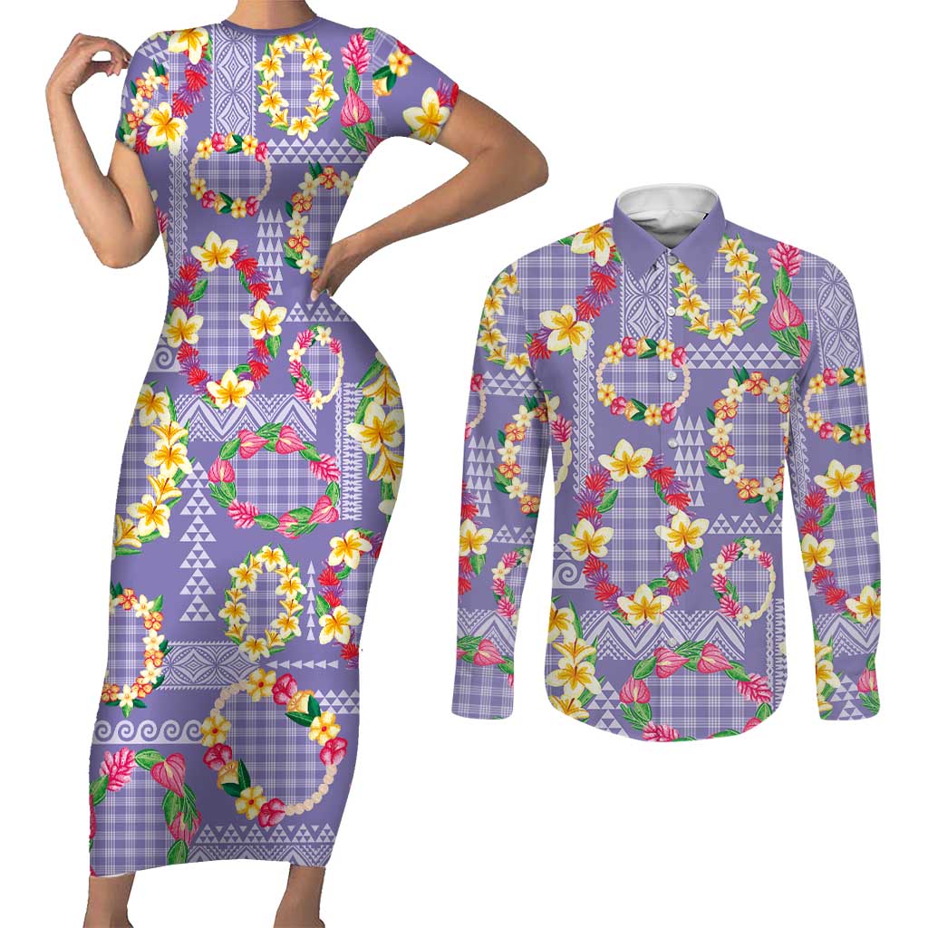 Hawaiian Leis Couples Matching Short Sleeve Bodycon Dress and Long Sleeve Button Shirt Kakau Tattoos and Palaka Pastel Purple Color