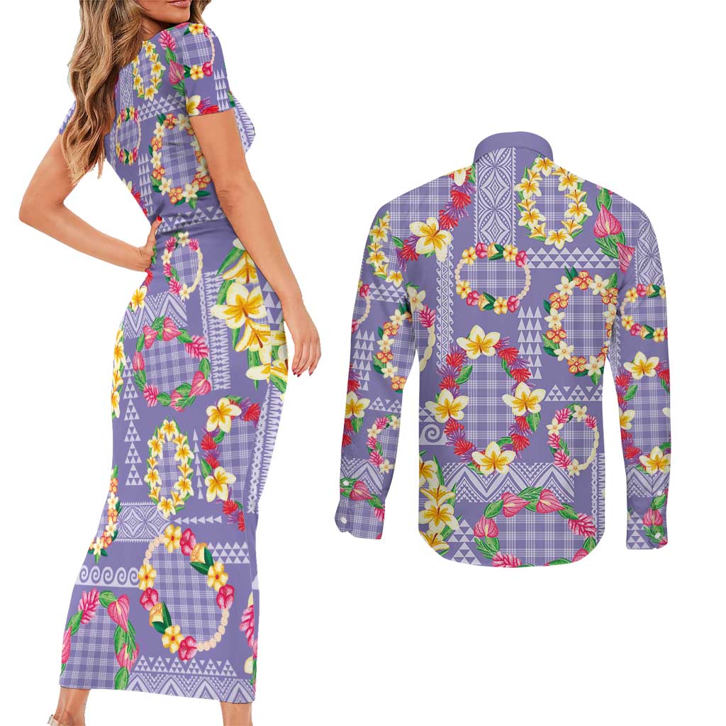 Hawaiian Leis Couples Matching Short Sleeve Bodycon Dress and Long Sleeve Button Shirt Kakau Tattoos and Palaka Pastel Purple Color