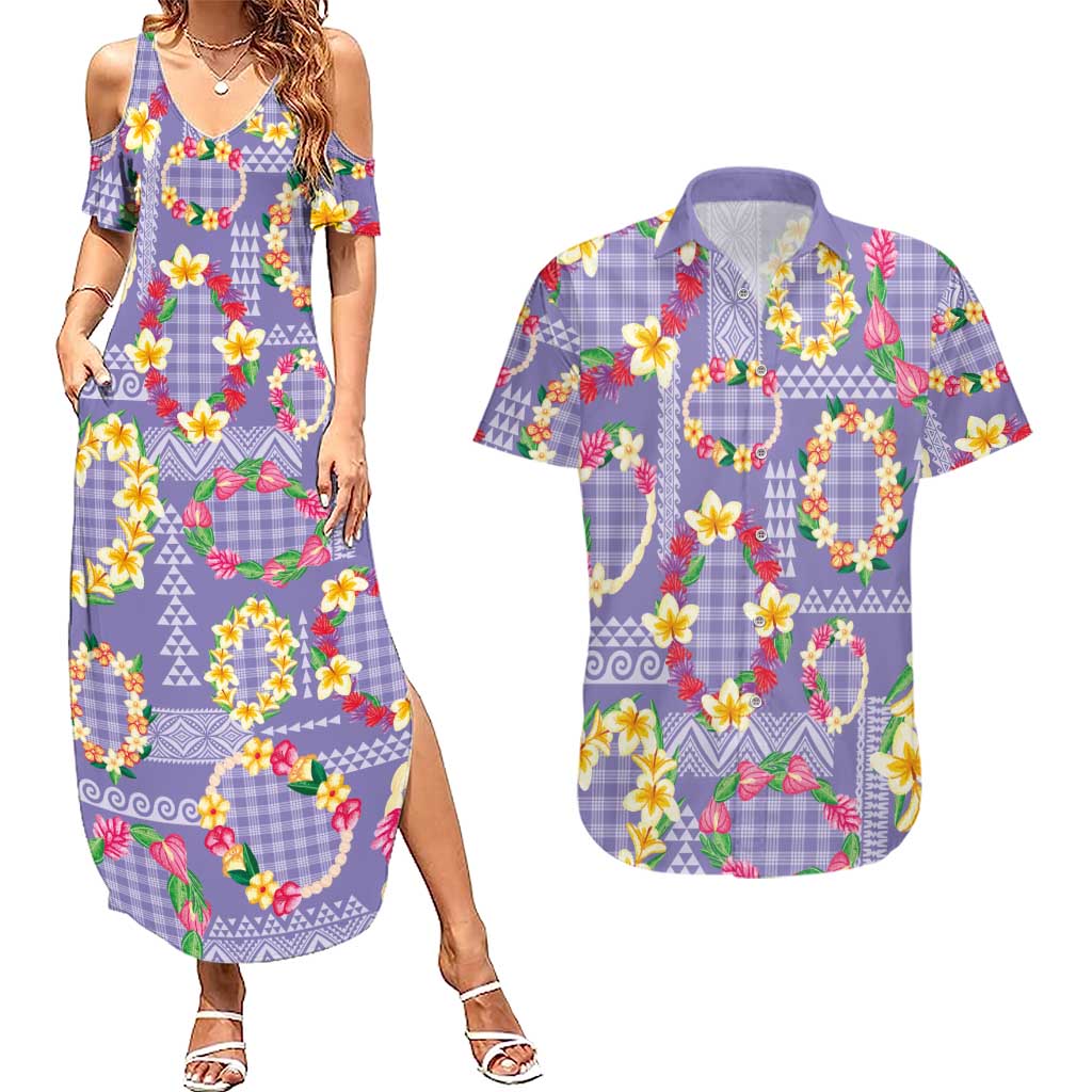 Hawaiian Leis Couples Matching Summer Maxi Dress and Hawaiian Shirt Kakau Tattoos and Palaka Pastel Purple Color