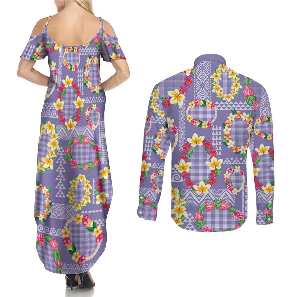 Hawaiian Leis Couples Matching Summer Maxi Dress and Long Sleeve Button Shirt Kakau Tattoos and Palaka Pastel Purple Color