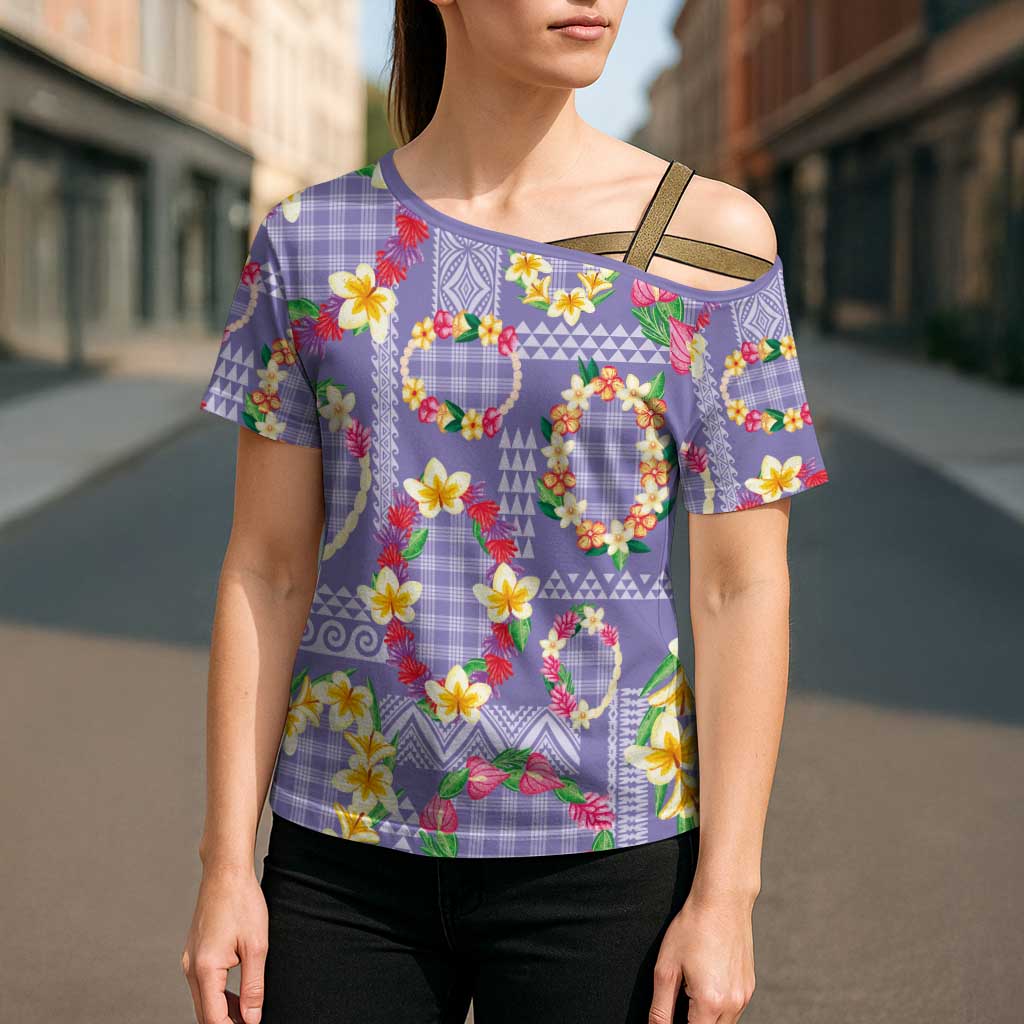 Hawaiian Leis Cross Shoulder Shirt Kakau Tattoos and Palaka Pastel Purple Color LT03 - Polynesian Pride