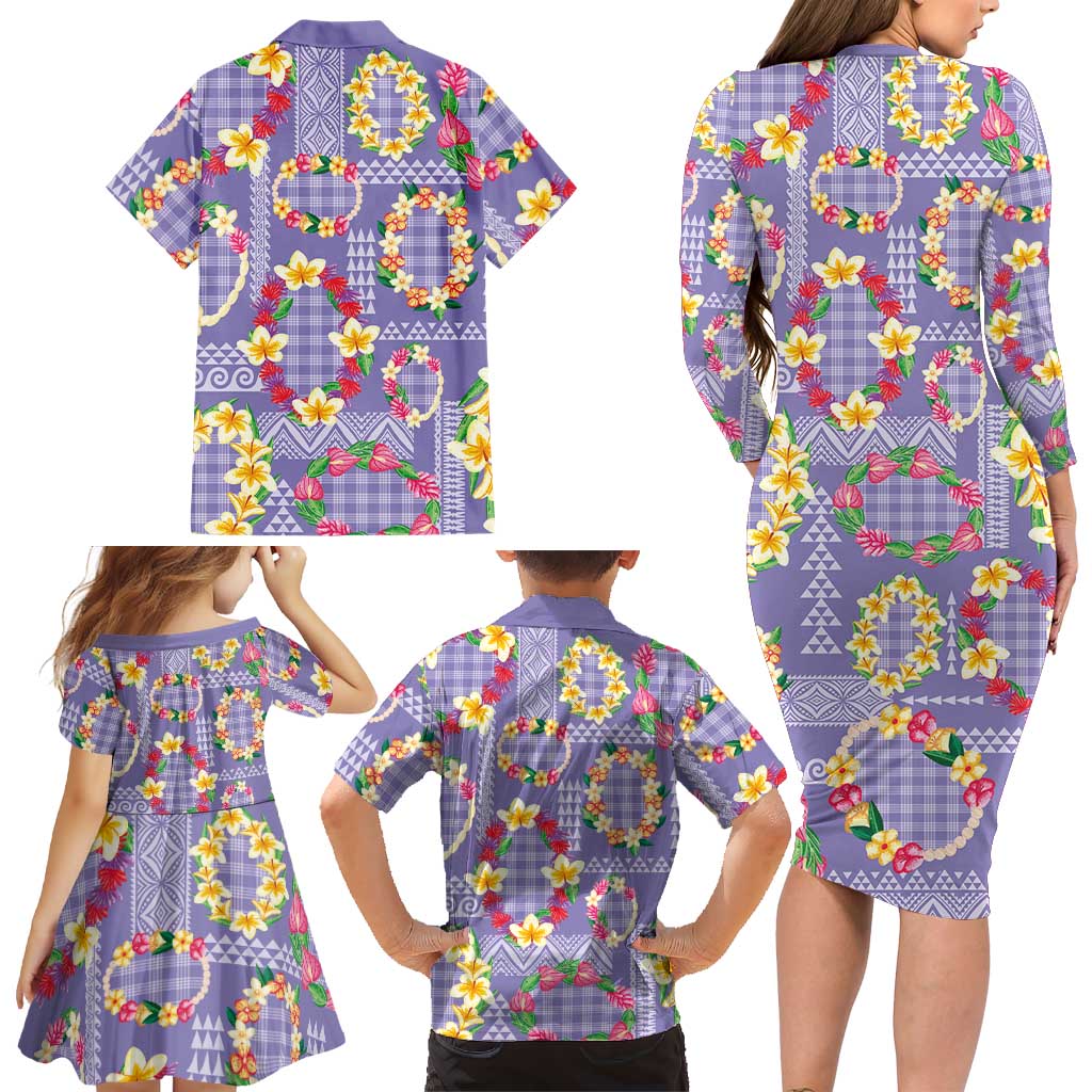 Hawaiian Leis Family Matching Long Sleeve Bodycon Dress and Hawaiian Shirt Kakau Tattoos and Palaka Pastel Purple Color