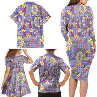 Hawaiian Leis Family Matching Long Sleeve Bodycon Dress and Hawaiian Shirt Kakau Tattoos and Palaka Pastel Purple Color