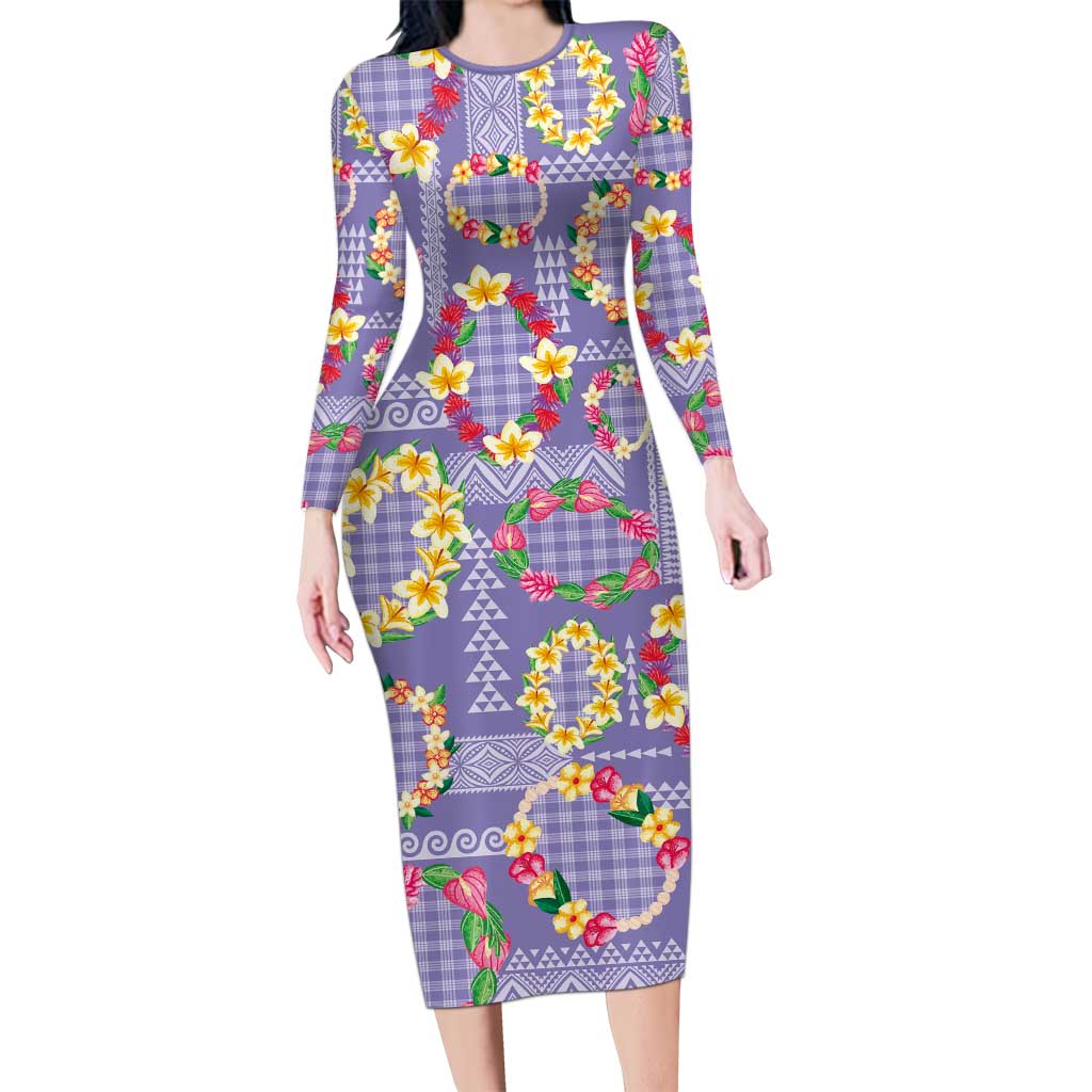 Hawaiian Leis Family Matching Long Sleeve Bodycon Dress and Hawaiian Shirt Kakau Tattoos and Palaka Pastel Purple Color