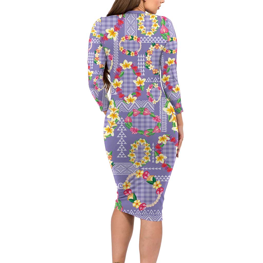 Hawaiian Leis Family Matching Long Sleeve Bodycon Dress and Hawaiian Shirt Kakau Tattoos and Palaka Pastel Purple Color
