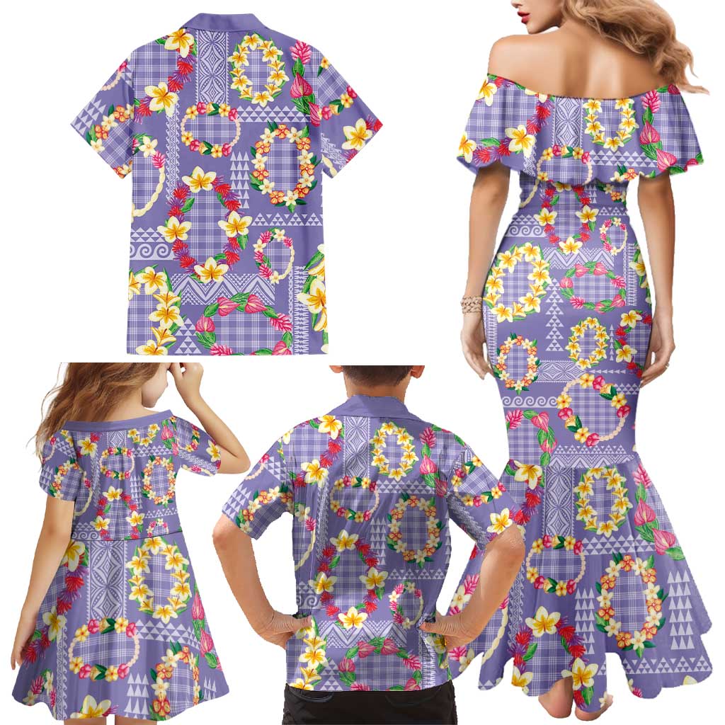 Hawaiian Leis Family Matching Mermaid Dress and Hawaiian Shirt Kakau Tattoos and Palaka Pastel Purple Color