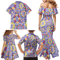 Hawaiian Leis Family Matching Mermaid Dress and Hawaiian Shirt Kakau Tattoos and Palaka Pastel Purple Color