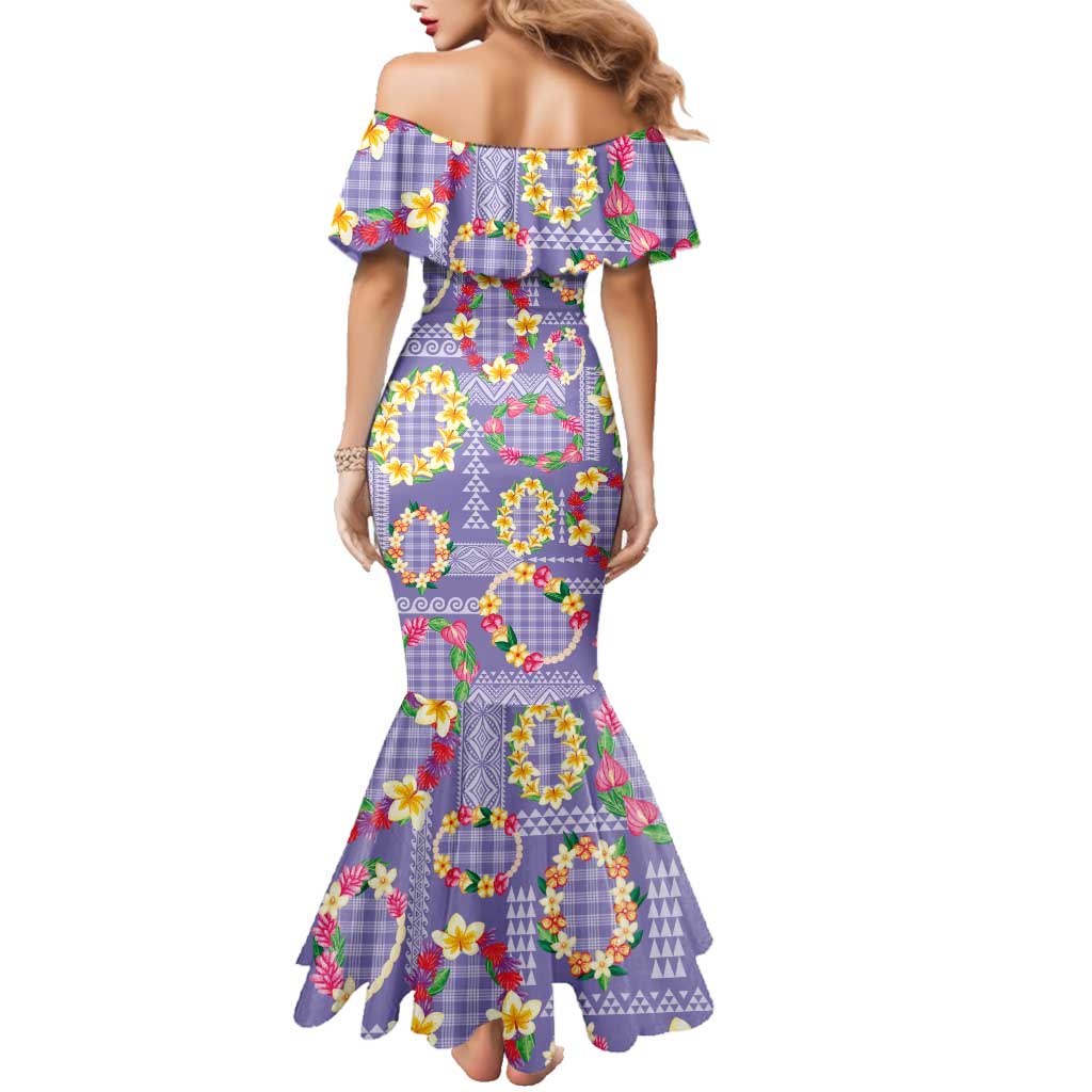 Hawaiian Leis Family Matching Mermaid Dress and Hawaiian Shirt Kakau Tattoos and Palaka Pastel Purple Color
