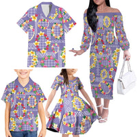 Hawaiian Leis Family Matching Off The Shoulder Long Sleeve Dress and Hawaiian Shirt Kakau Tattoos and Palaka Pastel Purple Color