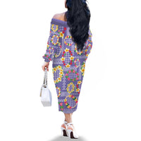 Hawaiian Leis Family Matching Off The Shoulder Long Sleeve Dress and Hawaiian Shirt Kakau Tattoos and Palaka Pastel Purple Color