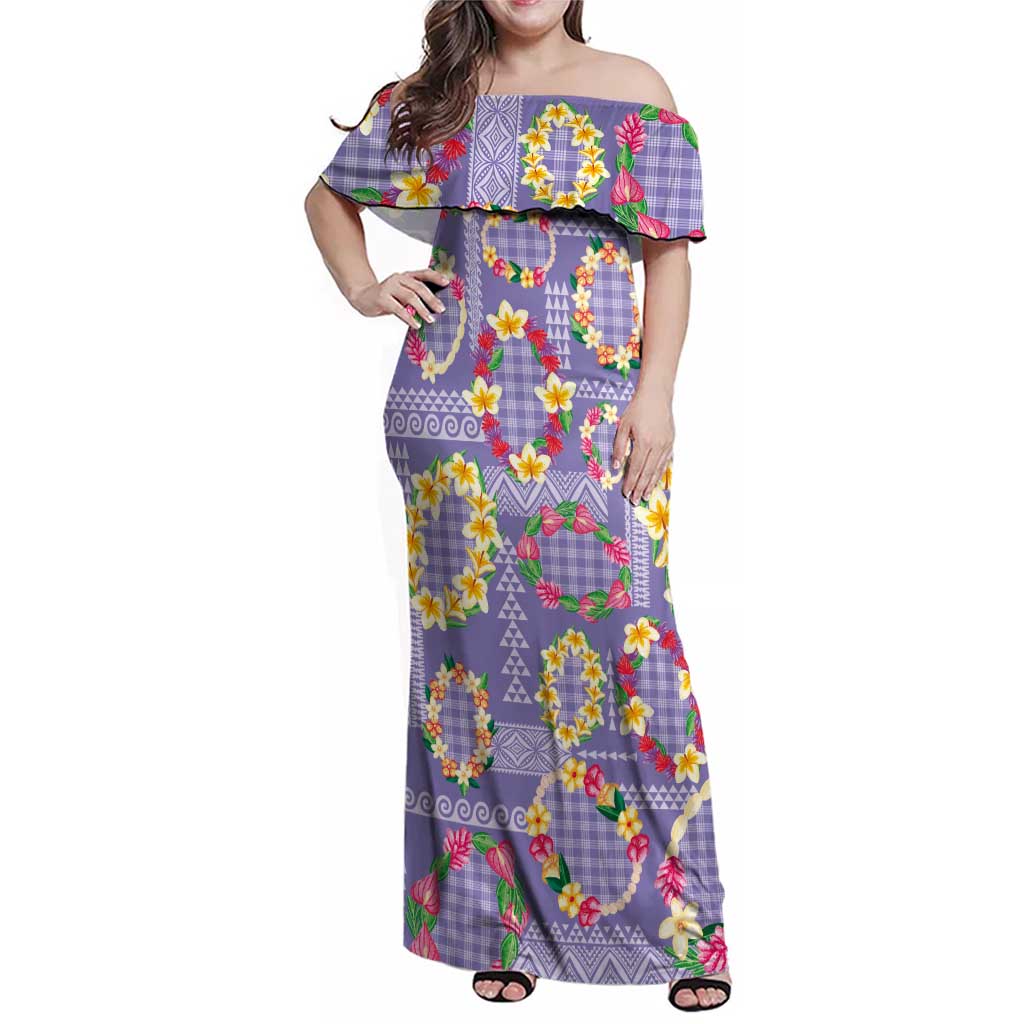 Hawaiian Leis Family Matching Off Shoulder Maxi Dress and Hawaiian Shirt Kakau Tattoos and Palaka Pastel Purple Color